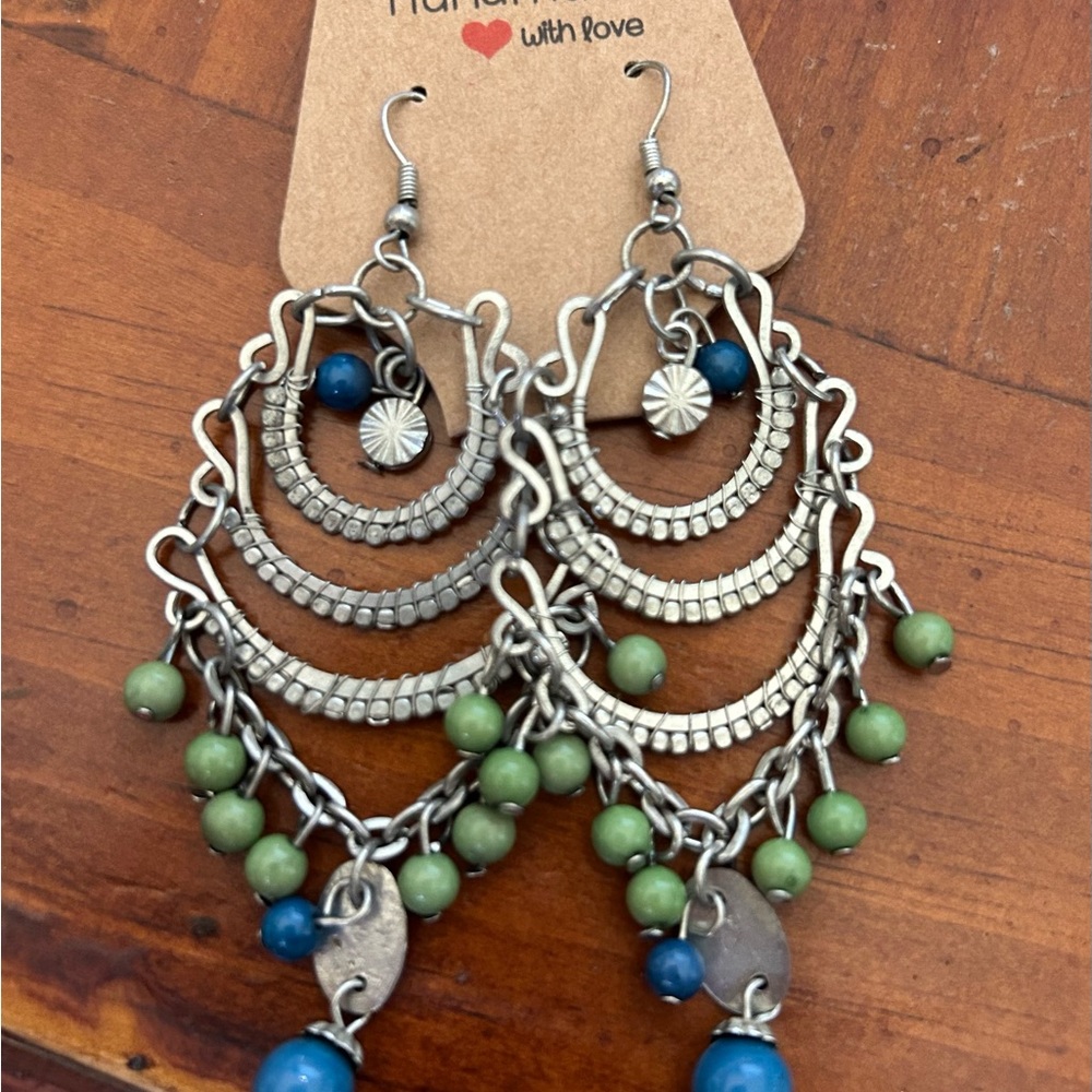 Handmade Boho Green and Blue Dangle Earrings